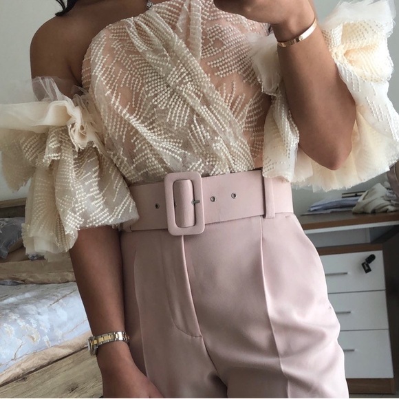 Apricot Off Shoulder Embroidered Corset Crop Top Dramatic Puff Sleeve Coquette - Picture 5 of 14